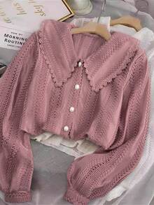 Franclia 新款时尚蕾丝甜美优雅彼得潘领女士长袖衬衫 - 粉色 - 查看 1