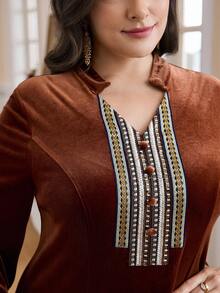 Al Najma Plus Size Women Elegant Vintage Ribbon Decor Arabic Style Velvet  Dress Dress Modest Winter/Fall - Coffee Brown - View 3