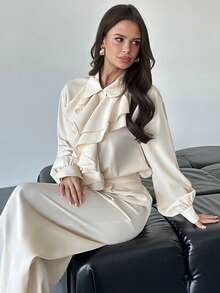 Firerie 女士优雅浪漫精致通勤办公休闲时尚新款翻领荷叶边长袖衬衫上衣搭配高腰阔腿裤两件套，秋冬款 - 杏色 - 查看 2