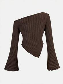 Firerie Kids 少女休闲棕色针织不对称领口弧形下摆修身T恤