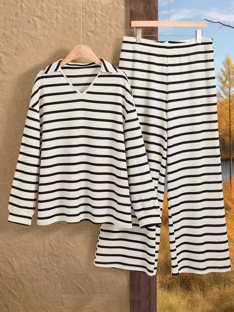 Ensemble 2 pièces casual ample pour femmes grandes tailles, composé d'un t-shirt à manches longues et épaules tombantes rayé et d'un pantalon à jambes larges