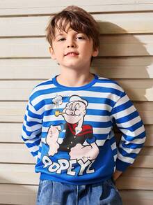 Popeye X SHEIN Kleine Jungen Retro Cartoon Figur Grafik blau & weiß gestreifter Loose Fit Oversized Crew Neck Sweatshirt, Herbst/Winter