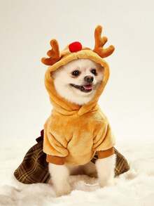 PETSIN 1 件宠物卡其色格子驯鹿服装连帽连衣裙，圣诞节 - 棕色 - 查看 5