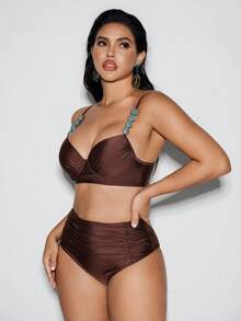 Shapewave 两件套女士塑形钢圈加厚比基尼套装，后背交叉系带设计，侧边褶皱内裤，适合夏季海滩度假 - 咖啡棕 - 查看 8