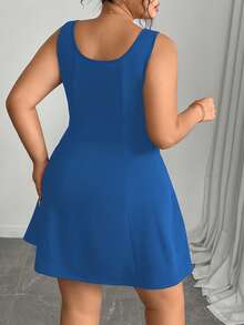 Elenzga 大码女式优雅法式修身蝴蝶印花连衣裙，夏季 - 藍色 - 查看 2