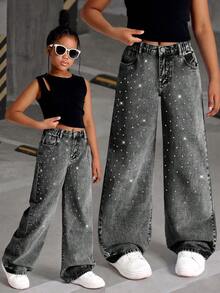 SHEIN ChillGRL 少女水钻装饰牛仔裤，Y2K休闲时尚百搭四季水洗直筒牛仔裤，黑灰色宽松星形牛仔裤