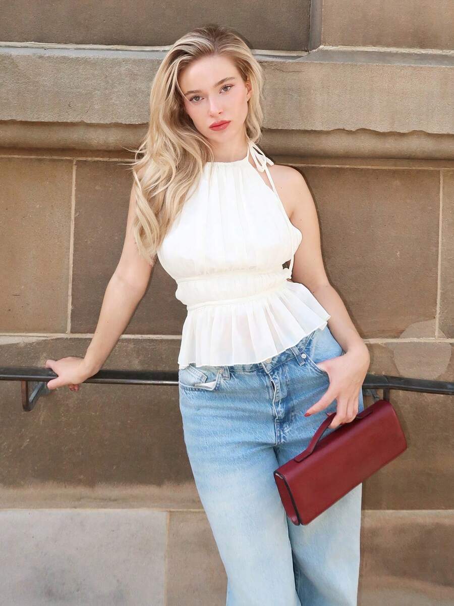 Turnttoni Top de tirantes sin espalda con cuello de halter y cintura anudada plisada para mujer - Beis - Ver 1