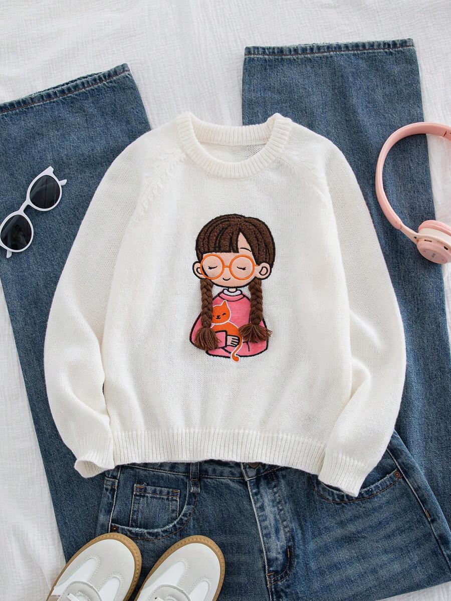 Girls' White,Autumn,Cute,Holiday,Back-To-School Sweater,Cartoon Kitten Pattern Jacquard 3D Braid Decor Funny Knitwear For School And Outings - White - View 1