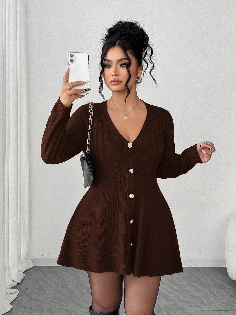 Elenzga Fashionable Elegant Casual Pearl Button V-Neck Long Sleeve Plus Size Women Cardigan Sweater, Suitable For Everyday Wear - Brown - View 1