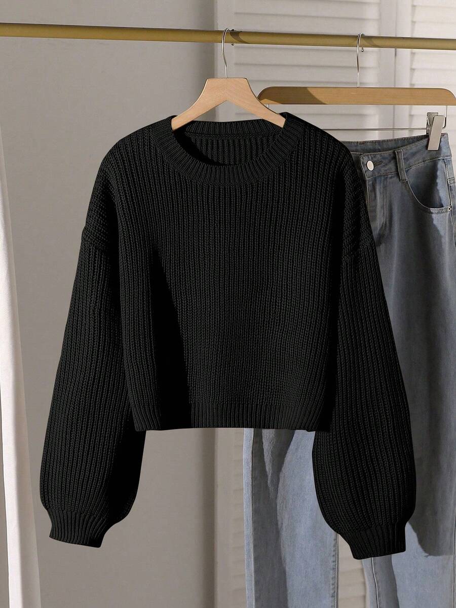少女纯色休闲宽松套头毛衣，圆领，秋冬新款，百搭针织上衣，短款毛衣，纯色长袖上衣，毛衣上衣，美学长袖上衣，可爱毛衣，可爱上衣，长袖毛衣，短款毛衣，韩式美学宽松毛衣 - 黑色 - 查看 1
