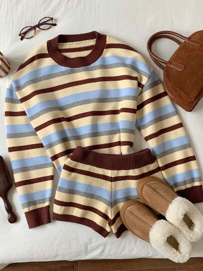 Comfortcana 2件套女士条纹针织毛衣，休闲家居服