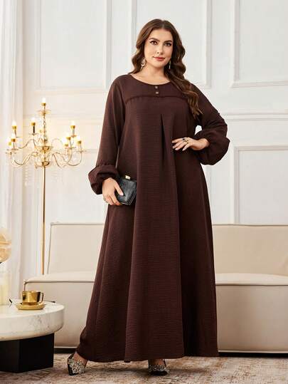 Al Najma Braunes gewebtes Patchwork-Spitzenbesatz Langarm locker bequemes lässiges traditionelles vielseitiges Modekleid für Damen in Große Größen