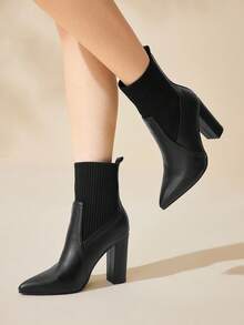 CUCCOO BASICS Women's Pointed Toe Chunky Heel Black Boots, Fashion Elegant Commute All-Match Versatile Knit Mid-Calf Short Booties For Christmas - Black - View 3