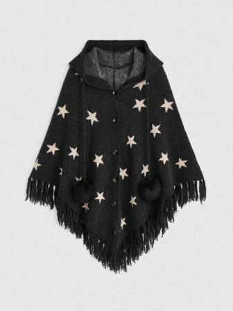 Hippie Boho Mysterious Witch Style Star Jacquard Batwing Sleeve Tassel Hem Women Hooded Cardigan