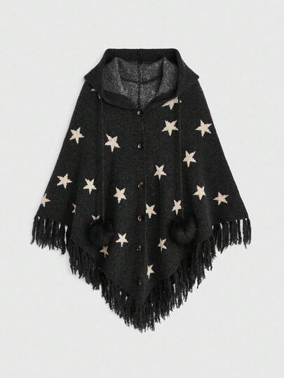Hippie Boho Mysterious Witch Style Star Jacquard Batwing Sleeve Tassel Hem Women Hooded Cardigan