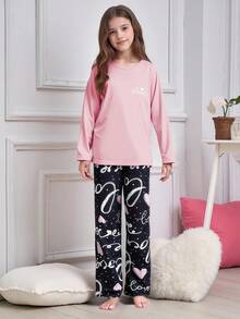 2pcs Girls Cute Casual Heart Print Long Sleeve Top And Pants Pajama Set