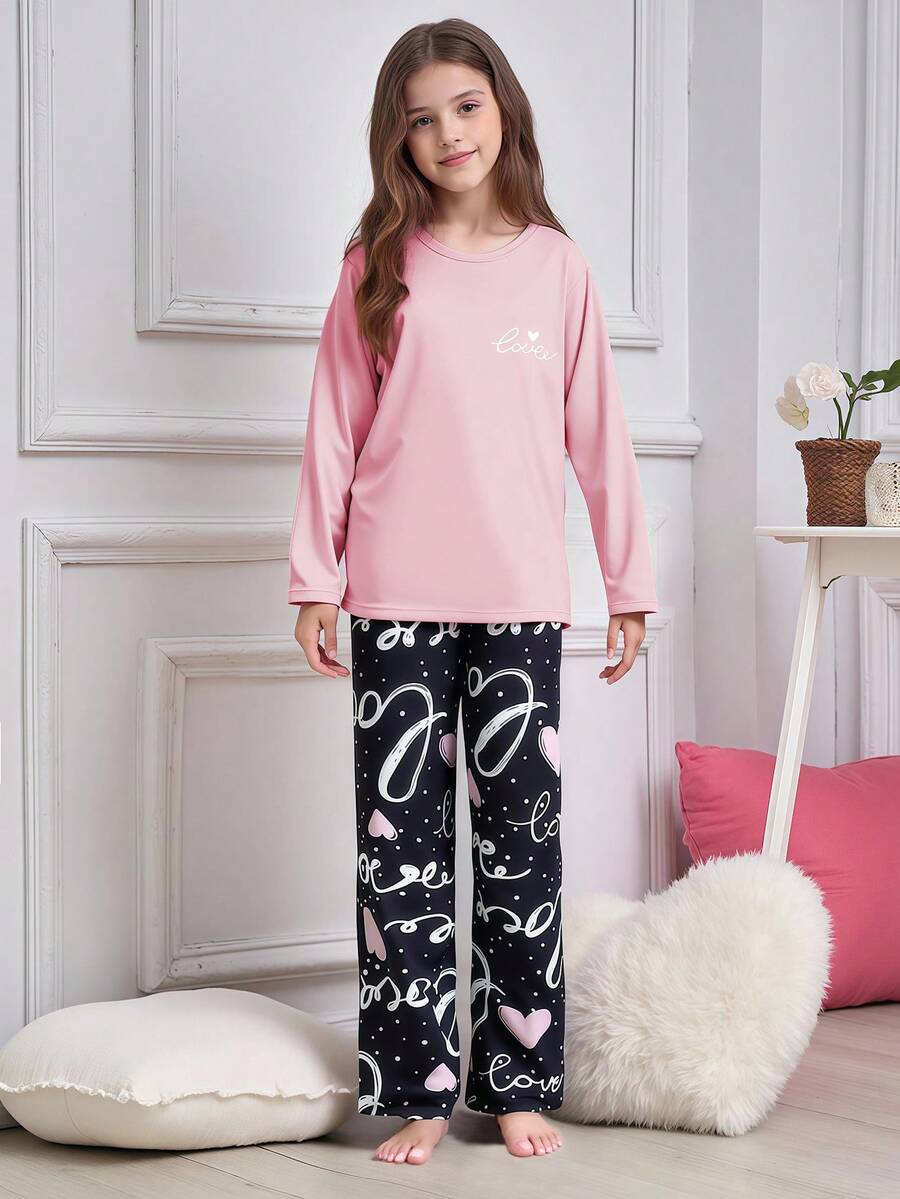 2pcs Girls Cute Casual Heart Print Long Sleeve Top And Pants Pajama Set
