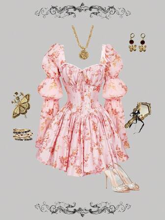 SHEIN MOD Women's Sweetheart Collar Puff Sleeve Cinched Waist Floral Print Ruffle Hem Short Dress Puff Dress Pink Flower Dress Rose Dress Bridgerton Tea Party Dress,Autumn/Winter,Thanksgiving Outfit For Women,Christmas Women's Clothing,New Year Outfit,Brunch Outfit,Garden Outfit,Vintage,Victorian Style Dress,Vintage Princess Dress,Afternoon Tea Outfit,Puffy Dress,Pink,Long Sleeves