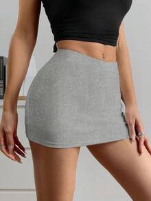 SHEIN EZwear 女士灰色和黑色迷你紧身裙套装 2 件装 休闲针织面料纯色半身裙 迷你低腰半身裙 运动半身裙 女士短裙 灰色半身裙 - 灰色 - 查看 4