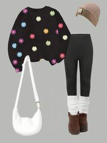 Gemütlicher Herbst & Winter Stil Mädchen Lässig Mode kreative personalisierte frische minimalistische Blume Muster Sweatshirt & Leggings 2-teiliges Outfit, bequemes Outfit - Verschiedenfarbig - Übersicht 3