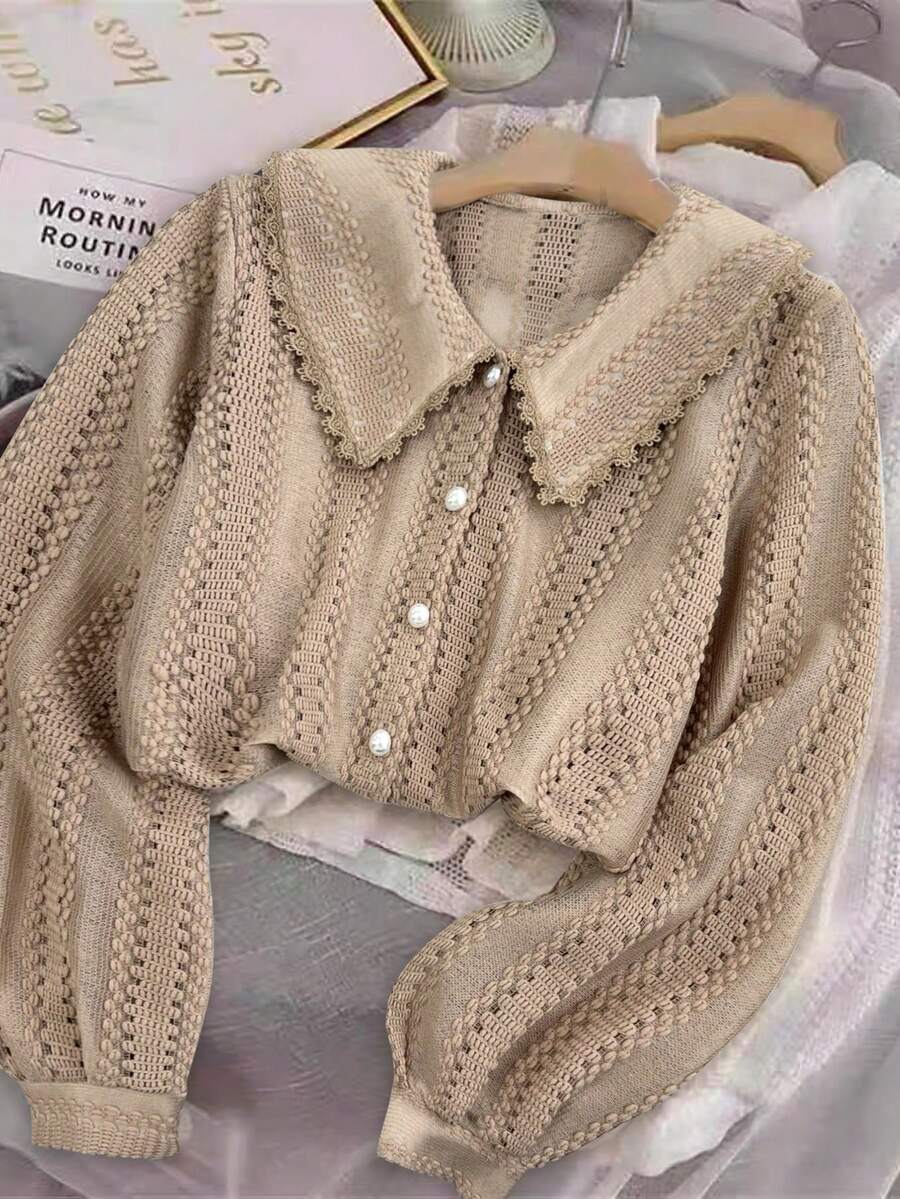 Franclia New Fashionable Lace Sweet Elegant Peter Pan Collar Women Long Sleeve Blouse - Khaki - View 1