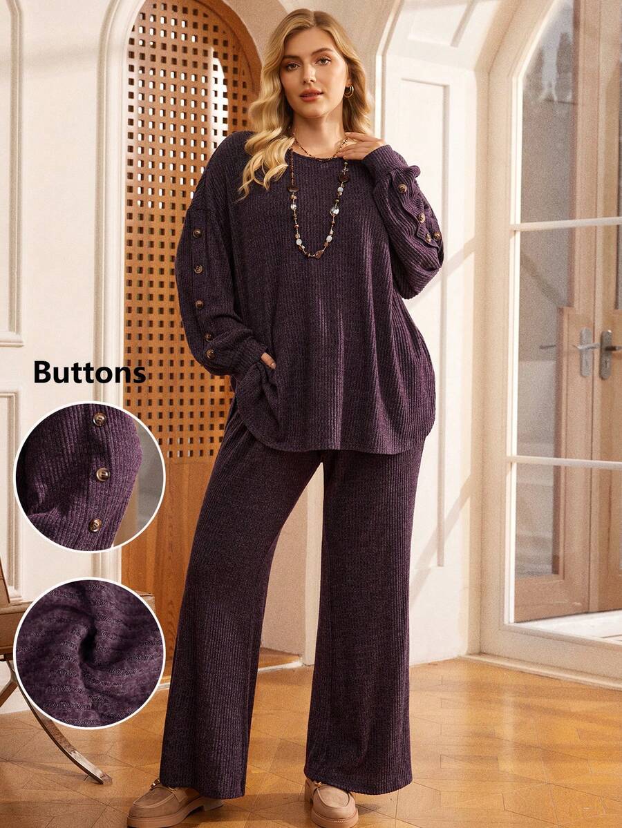 EMERY ROSE Bộ 2 món áo và quần trơn màu cỡ lớn, mùa thu - Màu tím  Violet - Xem 1