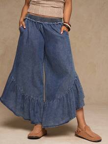 Freevana Pantalon ample casual avec taille élastique, poches et volants à l'ourlet pour femmes grandes tailles. Jeans casual avec volants bohème pour femmes, style occidental - Bleu ciel - Voir 3