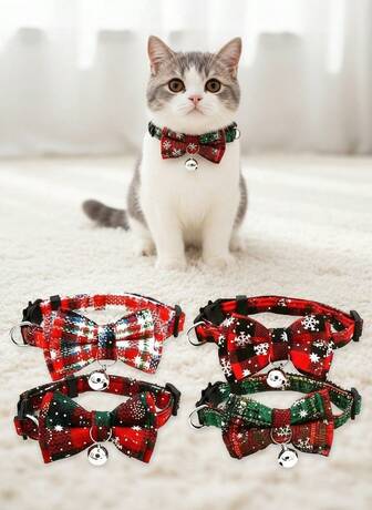 PETSIN 1 Julhalsband med snöflingor, Katthalsband, Hundhalsband, Snöflingefluga, Tryckt med klockor, Justerbart djurhalsband, Juldekorationer, Utsmyckning, Husdjurstillbehör