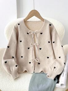 SHEIN Loose Casual Comfortable Round Neck Heart & Bowknot Cardigan For Teen Girls Cozy Fall & Winter Styles - Apricot - View 1