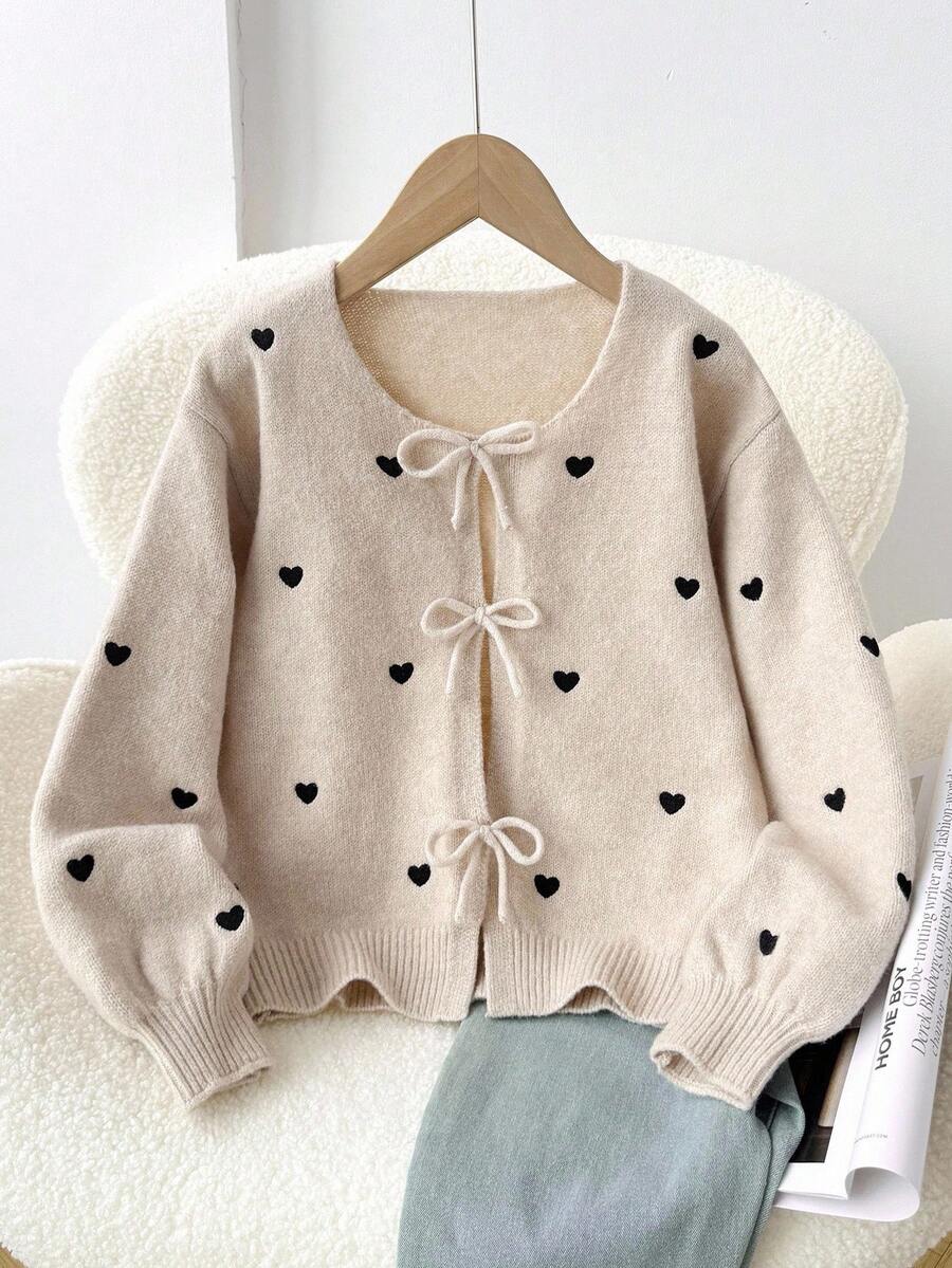 SHEIN Loose Casual Comfortable Round Neck Heart & Bowknot Cardigan For Teen Girls Cozy Fall & Winter Styles - Apricot - View 1