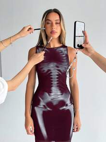 Siren Gaze Thời trang thường ngày Goth màu trơn cổ tròn không tay in họa tiết bộ xương xẻ cao dài váy dài cô dâu xác chết bên trong trang phục Halloween cho phụ nữ - Màu tím - Xem 5