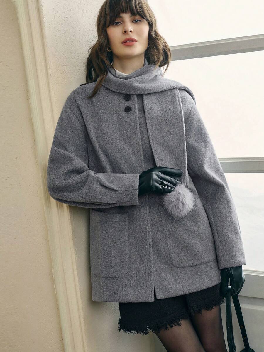 Cévolie 女士休闲保暖长袖灰色大衣，秋冬季 - 灰色 - 查看 1