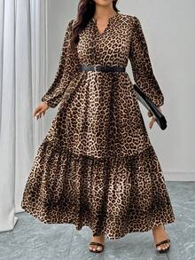 SHEIN LUNE Váy xếp nếp họa tiết da báo cổ chữ V tay đèn lồng cỡ lớn dành cho nữ - Nhiều màu - Xem 7