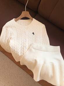 Comfortcana Women's Autumn/Winter Knight Pattern Long Sleeve Knitted Cardigan And Knitted Mini Skirt Casual 2 Pieces Set