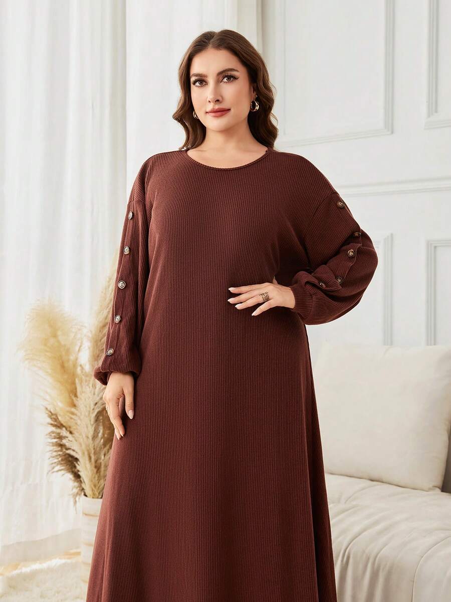 Lacomfia Knitted Ribbed Fleece Brown/Camel Casual Everyday Loose Fit Long Sleeve Dress, Relaxed Style For Plus Size Women - Brown - View 1