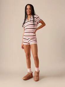 SUMWON Teen Girls Striped Polo Two Piece Co-Ord Summer Vacation High Fashion Casual Cozy Stripe Short Set Stylish Wear Preppy Outfit