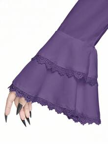 ROMWE Goth 复古宫廷风格哥特式可拆卸荷叶边领带，巴洛克水晶吊坠，喇叭袖荷叶边，收腰女式衬衫 - 紫色 - 查看 7