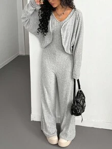 2pcs/Set Teen Girl Casual Cardigan + Jumpsuit, Versatile Cardigan And Stylish Jumpsuit, Refreshing And Fashionable Outfit For Daily And Outdoor Wear, Youthful And Energetic Look, Autumn/Winter