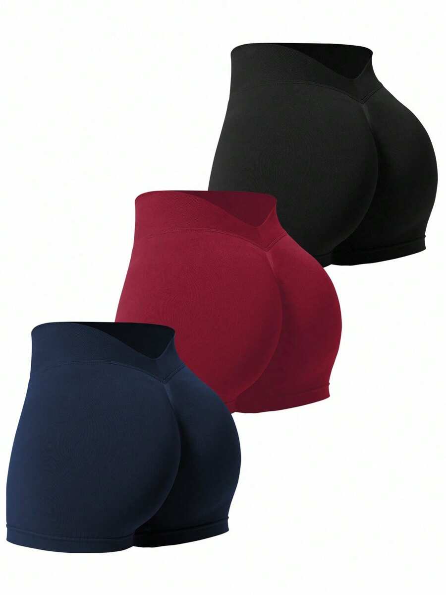 SHEIN Velisys Bộ 3 quần short thể thao chạy bộ thoải mái, co giãn cao dành cho nữ/Không đường may/Cạp chữ V - Nhiều màu - Xem 1