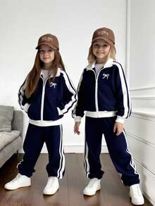 Sparklyn 2件套女童休闲简约户外长袖夹克和阔腿裤 - 寶藍色 - 查看 5