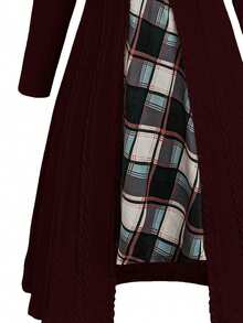 Plus Size Women Patchwork Plaid Waist Buckle Design 2 In 1 Long Sleeve Elegant Dress - Burgundy - View 3