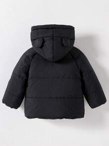 SHEIN Playful Pals 男婴幼儿0-3岁日常休闲百搭保暖抓绒熊耳连帽衫外套，秋冬季 - 黑色 - 查看 2