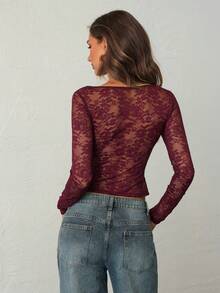 Aloruh 女装新款秋冬高街性感迷人浪漫蕾丝透视低胸圆环紧身镂空长袖 - 紅木色 - 查看 6