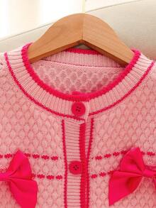 Tween Girl Handmade Bow Cropped Cardigan And Frill Trim Knit Mini Skirt Set - Hot Pink - View 7