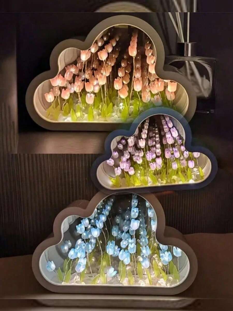 （电池供电）云朵郁金香/玫瑰小夜灯，手工DIY花卉氛围灯，可作夜灯使用，可作镜子使用，桌面装饰两用，可作生日/情人节礼物，柔和灯光助眠，DIY郁金香/玫瑰花卉工艺套装 - 彩色 - 查看 1