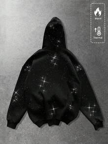 ROMWE MEN Street Life 男女通用斑点连帽卫衣，休闲街头风，秋冬季长袖上衣 - 黑色 - 查看 2