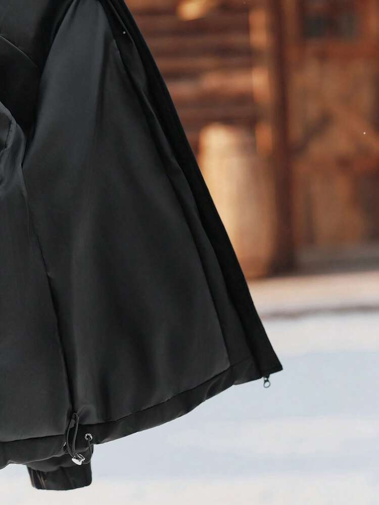 女性用ファッショナブルなカジュアル ウエストシェイプ取り外し可能な フェイクファー衿 キルティング ブラック ジップアップ コットンパデッドジャケット、秋冬、外出、エレガント、シック向け