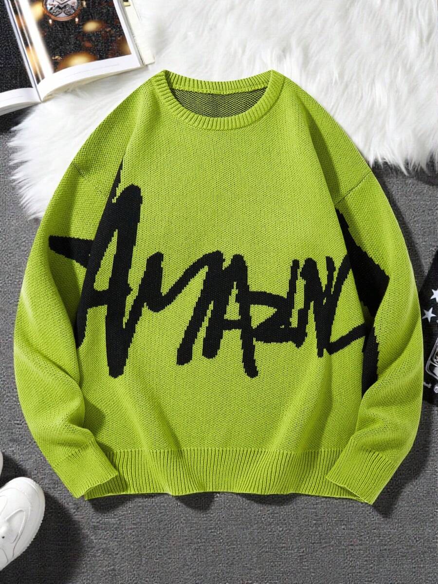 Claim Dot 男士字母提花圆领休闲宽松针织衫，秋冬款，长袖上衣 - 橄欖綠 - 查看 1