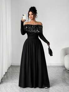 Elenzga 大码女士优雅露肩丝绒亮片拼接A字连衣裙，适合派对、秋冬季穿着 - 黑色 - 查看 7