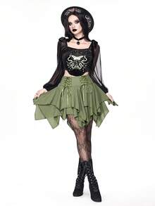 ROMWE Goth Blusa ajustada con estampado de planta de bruja y luna en las mangas tipo linterna para mujer - Negro - Ver 8